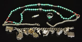 A silver charm bracelet with ten charms (88g), Navajo silver necklace set with turquoise and