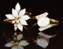 Two 9ct gold rings set with diamonds and opals, 4.6g, sizes P & Q