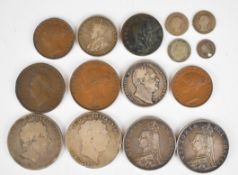 Georgian and later coinage to include two George III crowns, one dated 1820, 1887 and 1889