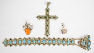 A filigree cross set with garnets and turquoise (28g), two silver pendants and a Czech belt