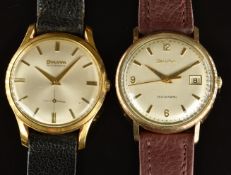 Two Bulova gold plated gentleman's wristwatches, one automatic with date aperture, gold hands,