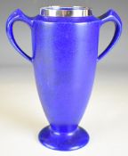 Art Deco hallmarked silver mounted blue pottery vase, the mount Birmingham 1924, maker S J Levi &