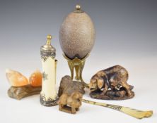 Emu egg on stand, the gilt feet formed as bird's feet, carved hardstone and similar items etc,