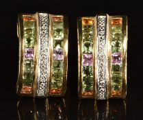 A pair of 9k gold earrings set with fancy sapphires and diamonds, 5.7g