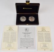 Westminster cased pair of Royal commemorative crowns comprising 2003 silver proof £5 and 1953