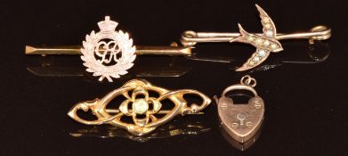 Edwardian 9ct gold brooch in the form of a swallow set with seed pearls, 9ct gold brooch set with