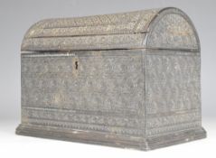 Anglo Indian carved wooden dome top jewellery casket or trinket box with carved decoration to sides,
