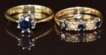 Two 9ct gold rings, one set with a round cut sapphire the other sapphires and diamonds, 4.3g, size