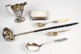 Hallmarked and other silver items comprising cigarette case, jug, anointing spoon, toddy ladle and