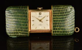 Laco purse watch with white luminous gold hands, gold hour markers, silver dial, green leather case,