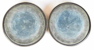 Pair of 19th or early 20thC walnut and burr wood inlaid glass dome bases, with beaded gilt edging,