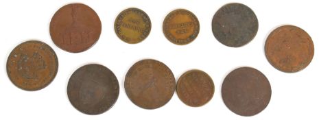 Ten bronze / copper trade and advertising tokens including Irish / Ireland interest, William Fitz