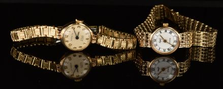 Two Everite 9ct gold ladies wristwatches, one with gold hands, black Roman numerals, white dial