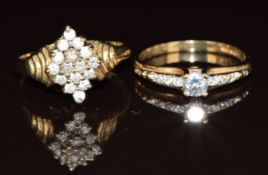 Two 9ct gold rings, one set with cubic zirconia and the other diamonds, size N, 5.2g