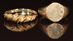 A 9ct gold signet ring and 9ct gold ring, 3.7g, sizes L & N