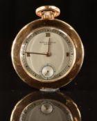 Baume & Mercier 18ct gold keyless winding open faced pocket watch with subsidiary seconds dial, gold