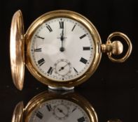 Omega 9ct gold keyless winding half hunter pocket watch with subsidiary seconds dial, blued hands,