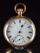 English 9ct gold keyless winding open faced pocket watch with inset subsidiary seconds dial, blued