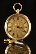 Unnamed 14ct gold open faced pocket watch with blued hands, black Roman numerals, engraved gold dial