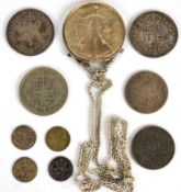 1986 Liberty USA silver dollar pendant on chain, together with approximately 69.2g of mixed UK