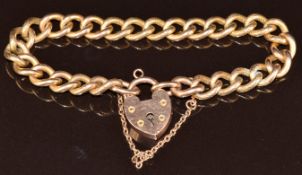 Edwardian gold plated curb link bracelet with textured links with a 9ct gold heart padlock clasp,