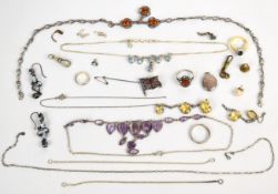 A collection of silver jewellery including Art Deco necklace (damaged), flag brooch, two rings,