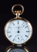 Waltham 14ct gold keyless winding open faced pocket watch with inset subsidiary seconds dial,