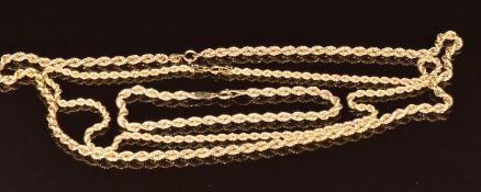 Two 9ct gold rope twist necklaces and similar bracelet, 10.1g, 18cm, 39cm & 44cm
