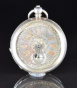 Unnamed silver open faced pocket watch with blued hands, gold Roman numerals, silver dial,