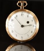Chevalier Et Compagnie gold open faced pocket watch with blued Breguet hands, black Arabic numerals,