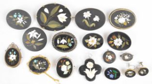 Thirteen pietra dura brooches, pair of pietra dura earrings, and two pendants