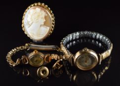 A 9ct gold brooch set with a cameo, two 9ct gold watches and three 9ct gold studs (1.8g)