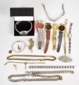 A collection of jewellery including Accurist watch in original box, silver curb link necklace and