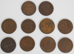 Ten bronze / copper trade and advertising tokens, mostly halfpenny for Sise Lane with King,