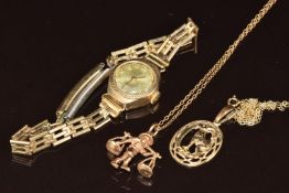 Two 9ct gold chains, two 9ct gold pendants (6g) and 9ct gold cased watch