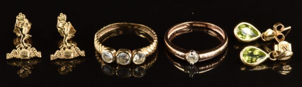 Two 9ct gold rings one set with diamond and the other cubic zirconia (size I) and two pairs of 9ct