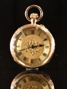 Unnamed 14ct gold keyless winding open faced pocket watch with blued hands, black Roman numerals,