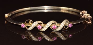 Edwardian 9ct gold bangle set with seed pearls and paste, 5.4g, 6 x 4.9cm