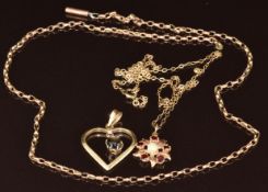 A 9ct gold chain, 9ct gold heart pendant, 9ct rose gold chain and 9ct gold pendant set with a