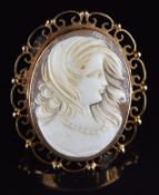 A 9ct gold brooch set with a cameo depicting a young woman, 14.8g, 5 x 4cm