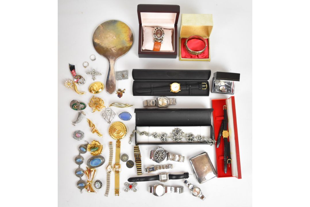 A collection of jewellery, some silver including bangle, mirror, two rings, cigarette case, brooch - Image 1 of 7