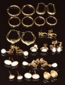 Fourteen pairs of 9ct gold earrings set with garnets, opals, hoops, etc, 11.8g