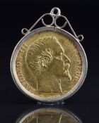 1856 Napoleon III French 20 Francs gold coin in 9ct gold pendant mount, 7.9g