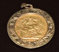 A 9ct gold pendant set with a 1895 gold full sovereign, Sydney mint mark, 10.2g