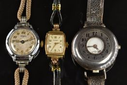 Three various wristwatches comprising a silver half hunter trench style example, Siro ladies with
