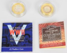 Two silver proof £2 piedfort coins comprising WW2 1945-2005 and 400th Anniversary of the Gunpowder
