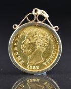 1882 Umberto I Italian gold coin in 9ct gold pendant mount, 7.9g