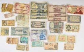 World banknotes to include Japan, Italy, Italian Allied Military, Malay rubber coupon, Portugal