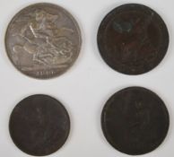 1896 Queen Victoria crown, 1797 cartwheel penny and two further Georgian bronze coins