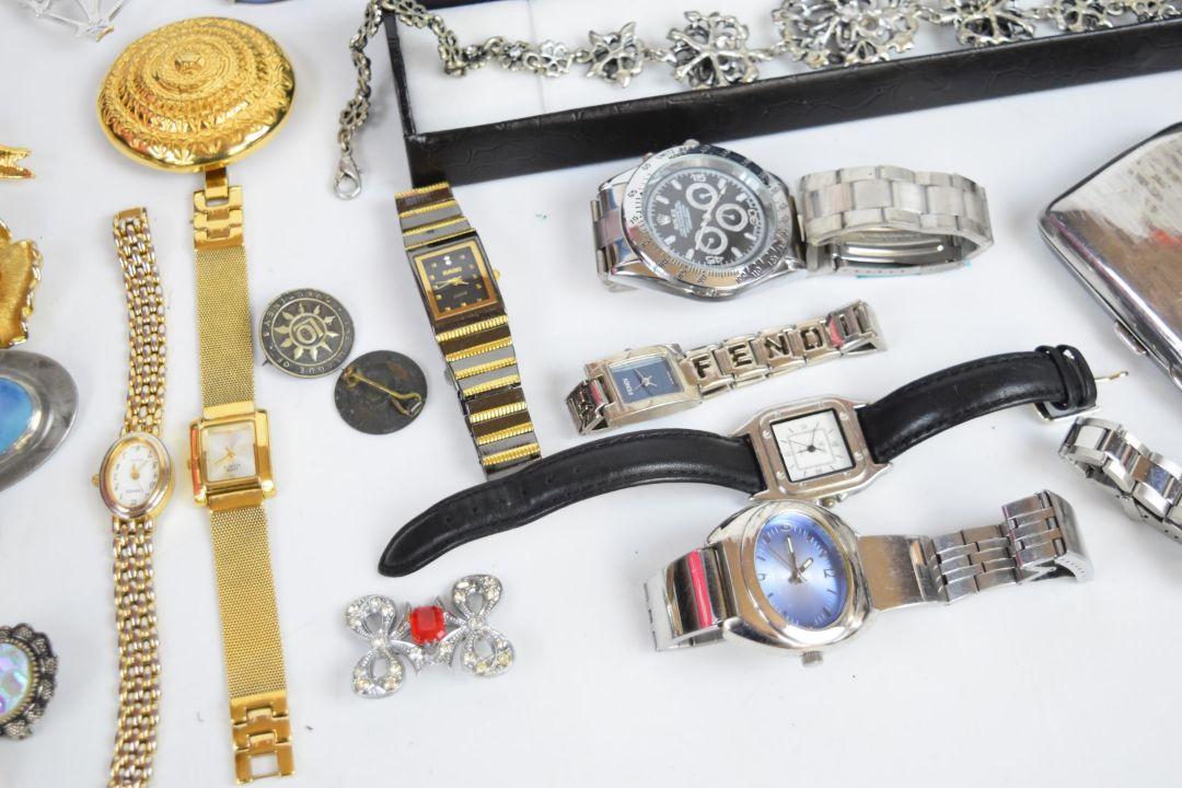 A collection of jewellery, some silver including bangle, mirror, two rings, cigarette case, brooch - Image 2 of 7